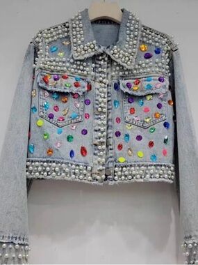 Main Character Light Blue Denim Jacket with Pearls & Multicolored Gems